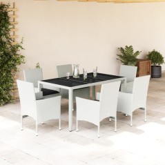 vidaXL 7-tlg. Garten-Essgruppe mit Kissen Weiß Poly Rattan und Glas