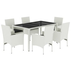 vidaXL 7-tlg. Garten-Essgruppe mit Kissen Weiß Poly Rattan und Glas