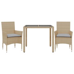 vidaXL 3-tlg. Garten-Essgruppe mit Kissen Beige Poly Rattan und Glas