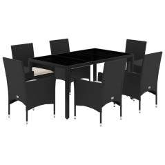 vidaXL 7-tlg. Garten-Essgruppe mit Kissen Schwarz Poly Rattan Glas