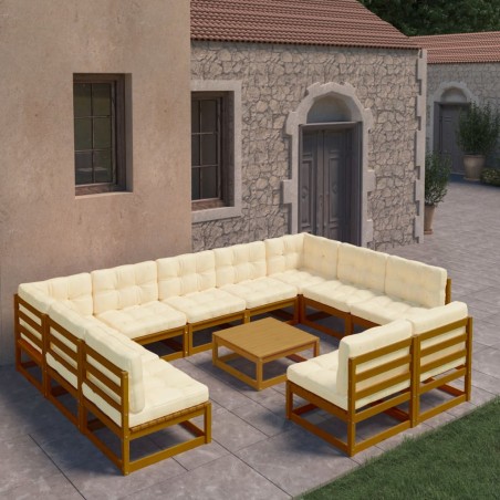 12-tlg. Garten-Lounge-Set Kissen Honigbraun Kiefer Massivholz