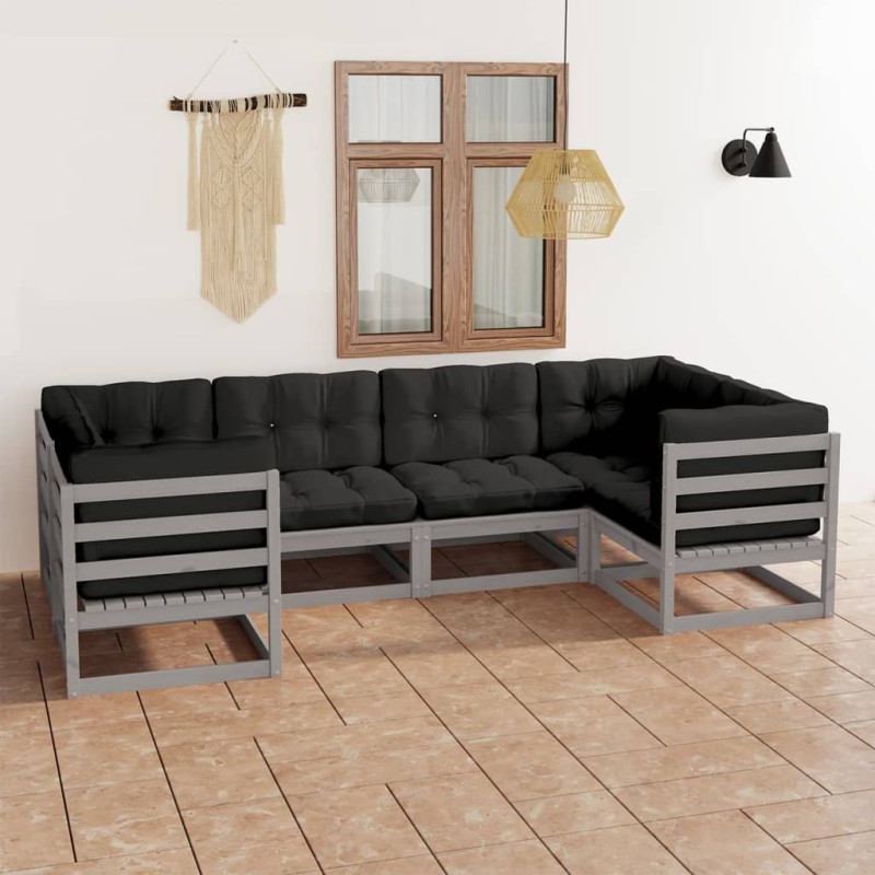 6-tlg. Garten-Lounge-Set mit Kissen Grau Kiefer Massivholz 6-tlg. Garten-Lounge-Set mit Kissen Grau Kiefer Massivholz