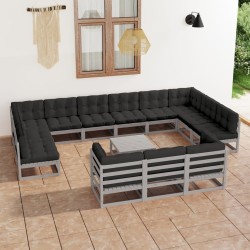 14-tlg. Garten-Lounge-Set mit Kissen Grau Kiefer Massivholz