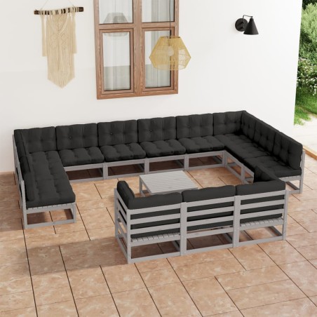 14-tlg. Garten-Lounge-Set mit Kissen Grau Kiefer Massivholz
