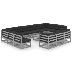 14-tlg. Garten-Lounge-Set mit Kissen Grau Kiefer Massivholz