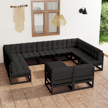 12-tlg. Garten-Lounge-Set mit Kissen Schwarz Kiefer Massivholz