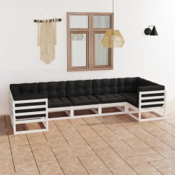 7-tlg. Garten-Lounge-Set mit Kissen Weiß Kiefer Massivholz