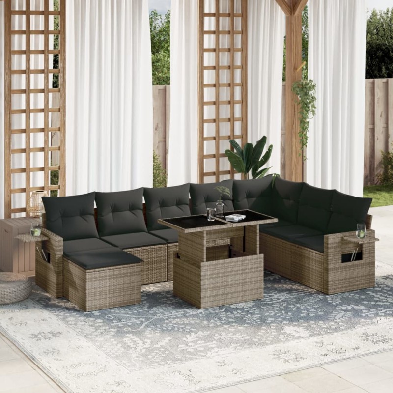 vidaXL 9-tlg. Garten-Sofagarnitur mit Kissen Grau Poly Rattan vidaXL 9-tlg. Garten-Sofagarnitur mit Kissen Grau Poly Rattan
