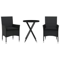 vidaXL 3-tlg. Bistro-Set mit Kissen Schwarz Poly Rattan und Glas