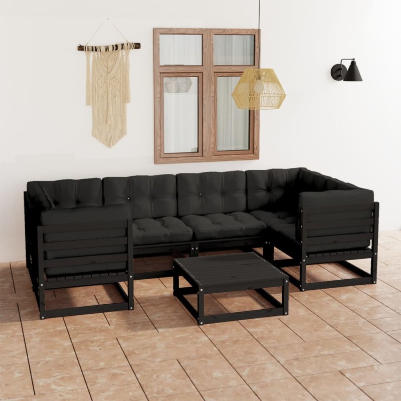 7-tlg. Garten-Lounge-Set mit Kissen Schwarz Massivholz Kiefer 7-tlg. Garten-Lounge-Set mit Kissen Schwarz Massivholz Kiefer