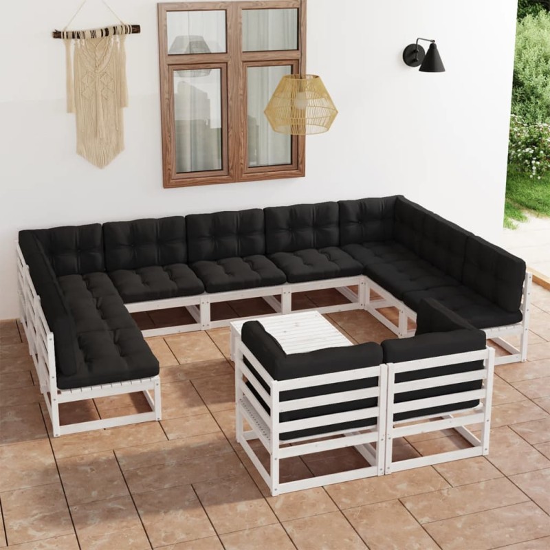 12-tlg. Garten-Lounge-Set mit Kissen Weiß Kiefer Massivholz 12-tlg. Garten-Lounge-Set mit Kissen Weiß Kiefer Massivholz
