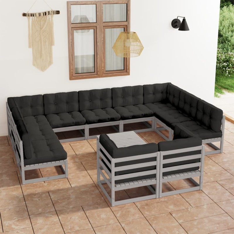 12-tlg. Garten-Lounge-Set mit Kissen Grau Kiefer Massivholz 12-tlg. Garten-Lounge-Set mit Kissen Grau Kiefer Massivholz