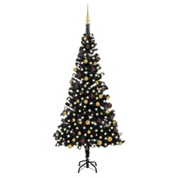 Künstlicher Weihnachtsbaum mit LEDs & Kugeln Schwarz 210 cm PVC