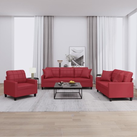 vidaXL 3-tlg. Sofagarnitur mit Kissen Weinrot Kunstleder