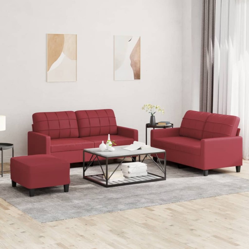 vidaXL 3-tlg. Sofagarnitur mit Kissen Weinrot Kunstleder vidaXL 3-tlg. Sofagarnitur mit Kissen Weinrot Kunstleder