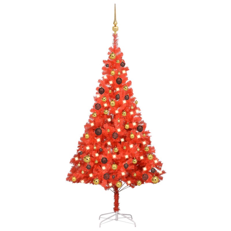 Künstlicher Weihnachtsbaum mit LEDs & Kugeln Rot 150 cm PVC Künstlicher Weihnachtsbaum mit LEDs & Kugeln Rot 150 cm PVC