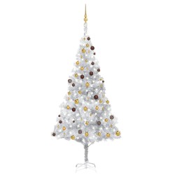 Künstlicher Weihnachtsbaum mit LEDs & Kugeln Silbern 240 cm PET