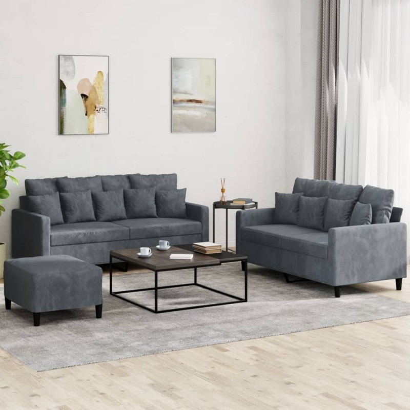 vidaXL 3-tlg. Sofagarnitur mit Kissen Dunkelgrau Samt vidaXL 3-tlg. Sofagarnitur mit Kissen Dunkelgrau Samt