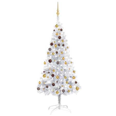 Künstlicher Weihnachtsbaum mit LEDs & Kugeln Silbern 180 cm PET