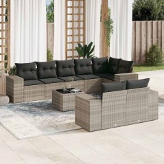 vidaXL 9-tlg. Garten-Sofagarnitur mit Kissen Hellgrau Poly Rattan