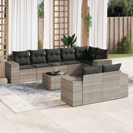 vidaXL 9-tlg. Garten-Sofagarnitur mit Kissen Hellgrau Poly Rattan