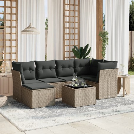 vidaXL 7-tlg. Garten-Sofagarnitur mit Kissen Hellgrau Poly Rattan