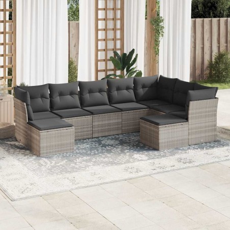 vidaXL 9-tlg. Garten-Sofagarnitur mit Kissen Hellgrau Poly Rattan