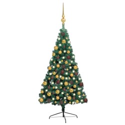 Künstlicher Halber Weihnachtsbaum mit LEDs & Kugeln Grün 180 cm