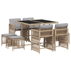 vidaXL 9-tlg. Garten-Essgruppe mit Kissen Beigemischung Poly Rattan