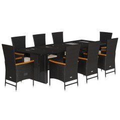 vidaXL 9-tlg. Garten-Essgruppe mit Kissen Schwarz Poly Rattan
