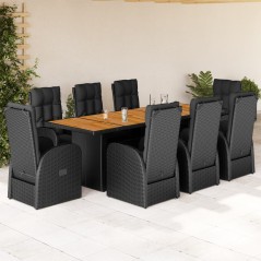 vidaXL 9-tlg. Garten-Essgruppe mit Kissen Schwarz Poly Rattan