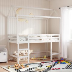 vidaXL Hochbett mit Leiter und Dach Weiß 90x190 cm Massivholz Kiefer