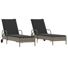 vidaXL Sonnenliegen mit Auflagen 2 Stk. Grau Poly-Rattan
