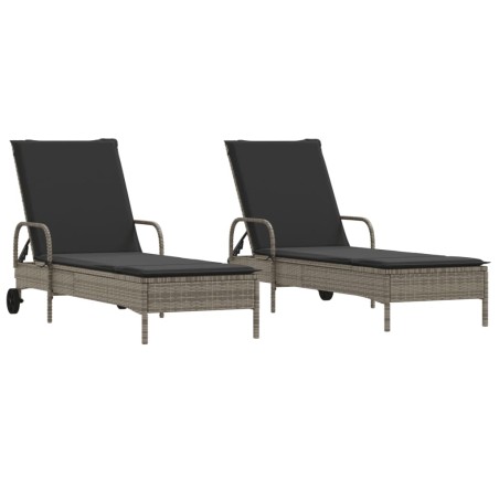 vidaXL Sonnenliegen mit Auflagen 2 Stk. Grau Poly-Rattan