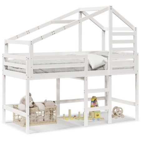 vidaXL Hochbett mit Leiter und Dach Weiß 90x200 cm Massivholz Kiefer