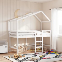 vidaXL Hochbett mit Leiter und Dach Weiß 90x200 cm Massivholz Kiefer