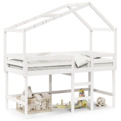 vidaXL Hochbett mit Leiter und Dach Weiß 90x200 cm Massivholz Kiefer