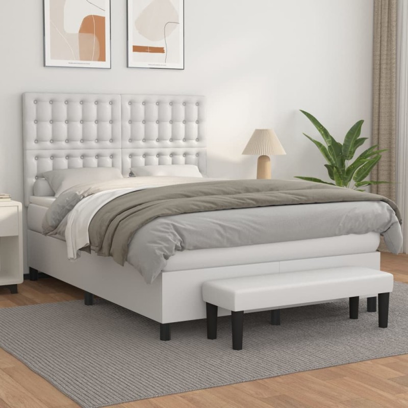 vidaXL Boxspringbett mit Matratze Weiß 140x190 cm Kunstleder vidaXL Boxspringbett mit Matratze Weiß 140x190 cm Kunstleder