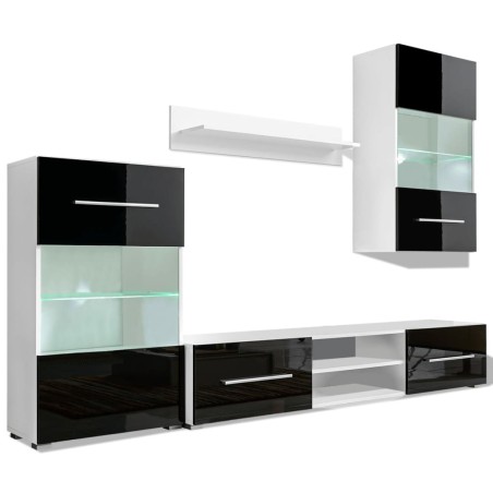 vidaXL 4-tlg. Wohnwand mit TV-Schrank & LED-Leuchten Hochglanz-Schwarz