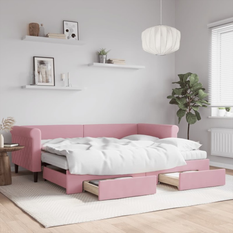 vidaXL Tagesbett Ausziehbar mit Schubladen Rosa 90x200 cm Samt vidaXL Tagesbett Ausziehbar mit Schubladen Rosa 90x200 cm Samt