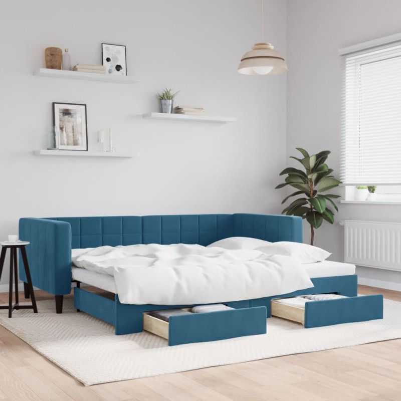 vidaXL Tagesbett Ausziehbar mit Schubladen Blau 90x200 cm Samt vidaXL Tagesbett Ausziehbar mit Schubladen Blau 90x200 cm Samt