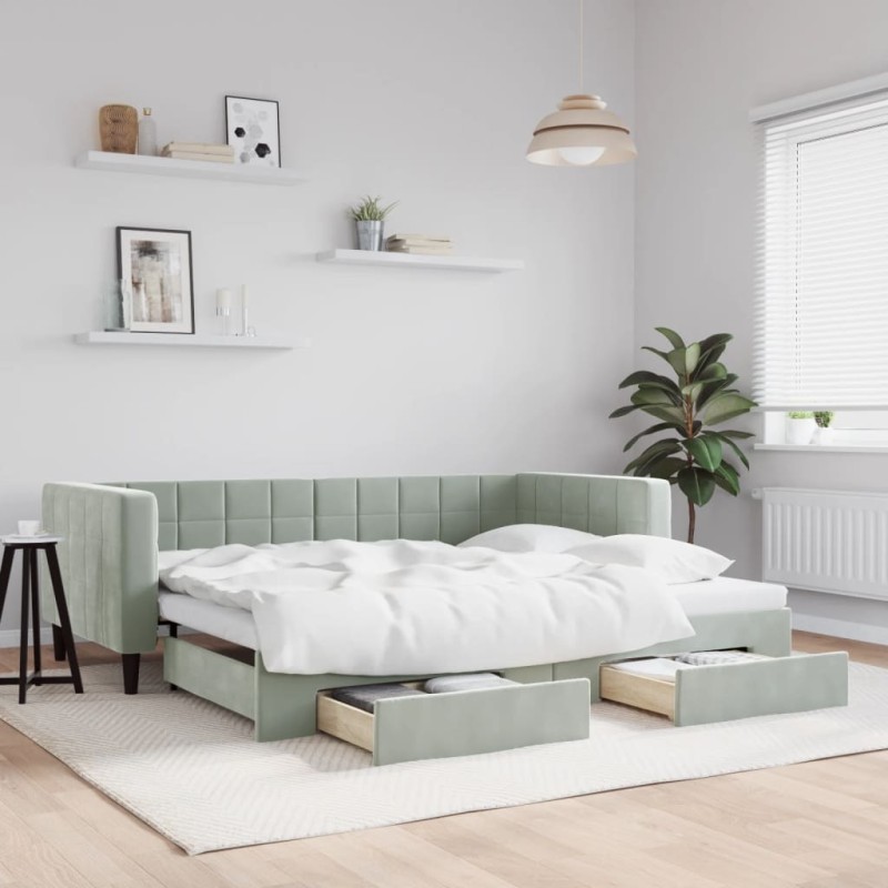 vidaXL Tagesbett Ausziehbar mit Schubladen Hellgrau 90x190 cm Samt vidaXL Tagesbett Ausziehbar mit Schubladen Hellgrau 90x190 cm Samt