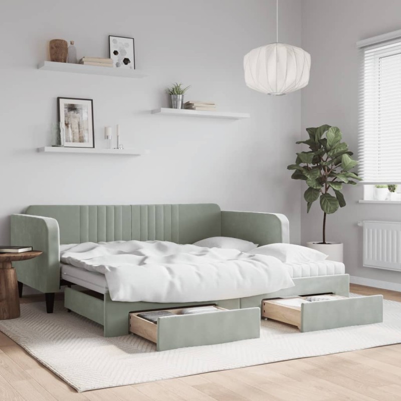 vidaXL Tagesbett Ausziehbar mit Schubladen Hellgrau 90x190 cm Samt vidaXL Tagesbett Ausziehbar mit Schubladen Hellgrau 90x190 cm Samt