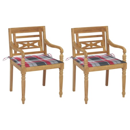 vidaXL Batavia-Stühle 2 Stk. Rote Karomuster-Kissen Teak Massivholz