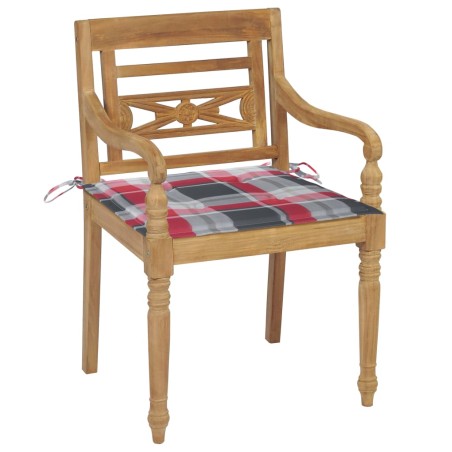 vidaXL Batavia-Stühle 2 Stk. Rote Karomuster-Kissen Teak Massivholz
