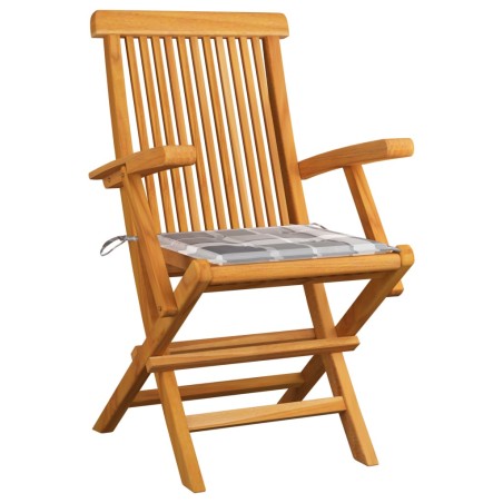 vidaXL Gartenstühle Graue Karomuster-Kissen 3 Stk. Massivholz Teak