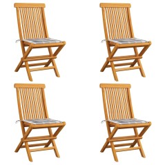 vidaXL Gartenstühle Graue Karomuster-Kissen 4 Stk. Massivholz Teak