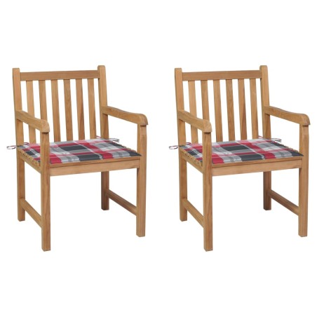 vidaXL Gartenstühle 2 Stk. Rote Karomuster-Kissen Massivholz Teak