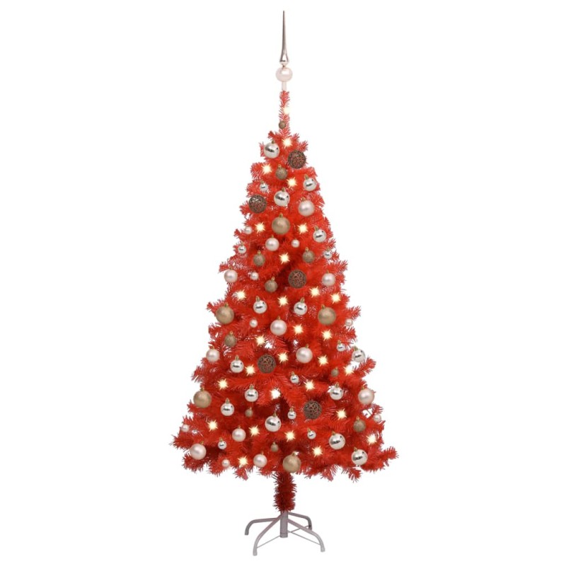 Künstlicher Weihnachtsbaum mit LEDs & Kugeln Rot 150 cm PVC Künstlicher Weihnachtsbaum mit LEDs & Kugeln Rot 150 cm PVC