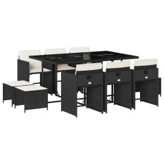 vidaXL 11-tlg. Garten-Essgruppe mit Kissen Schwarz Poly Rattan